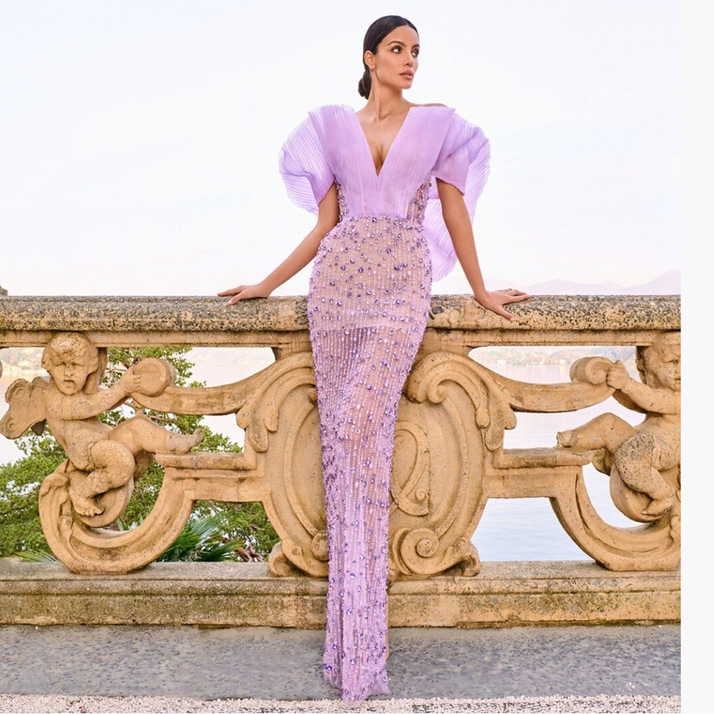 Sophie Couture LIGHT PURPLE, PUFFY-Sleeve, EMBELLISHED WITH CRYSTALS